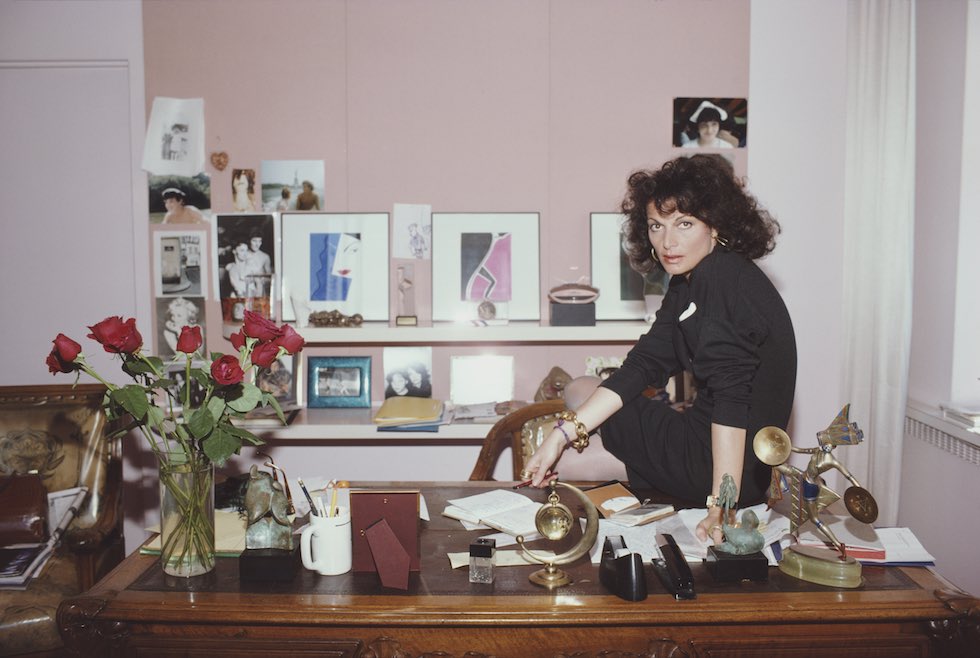 Belgian born American fashion designer Diane Von Furstenberg in her studio, April 1987. (Photo by Rose Hartman/Archive Photos/Getty Images)