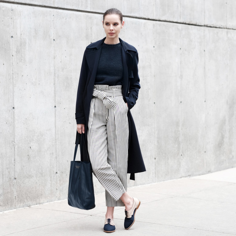 blue and white striped trousers