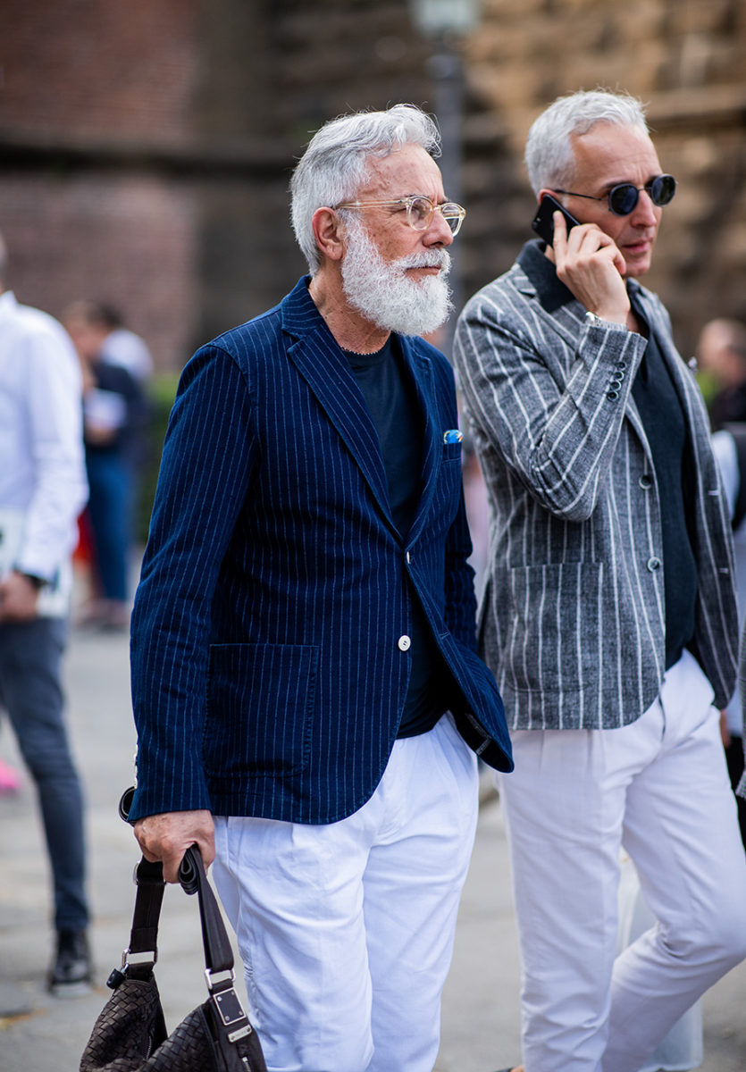 FLORENCE, ITALY - JUNE 12: A guest with white beard is seen during the 94th Pitti Immagine Uomo on June 12, 2018 in Florence, Italy (Photo by Christian Vierig/Getty Images)